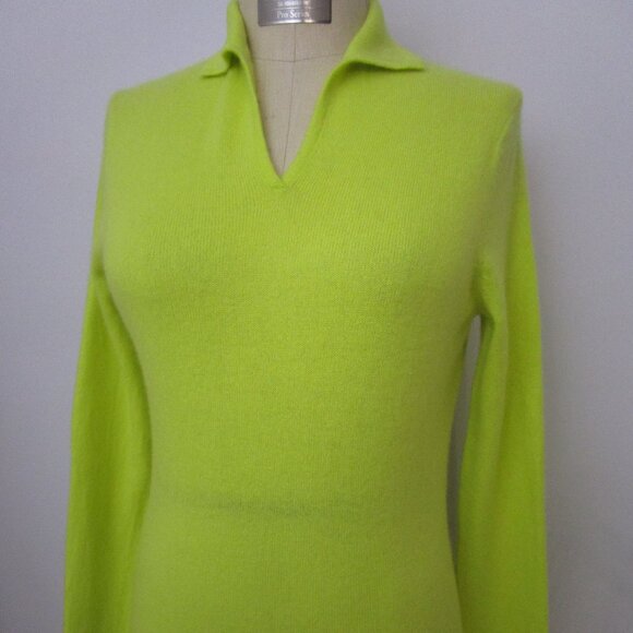 Chartreuse CASHMERE Pullover Sweater V Neck Polo Cuddly Knit Luxury - Picture 2 of 14